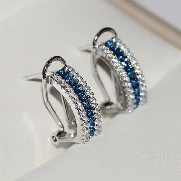14K White Gold Womens 1ct Blue Sapphire Gemstone 2ct Diamond Earrings Jewelry 14